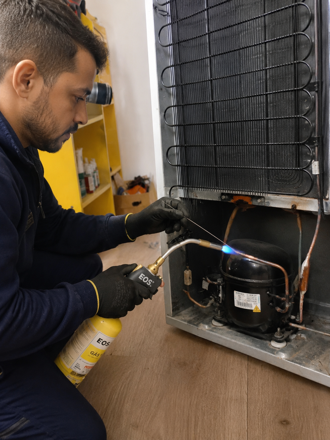 Tecnico realizando solda em compressor