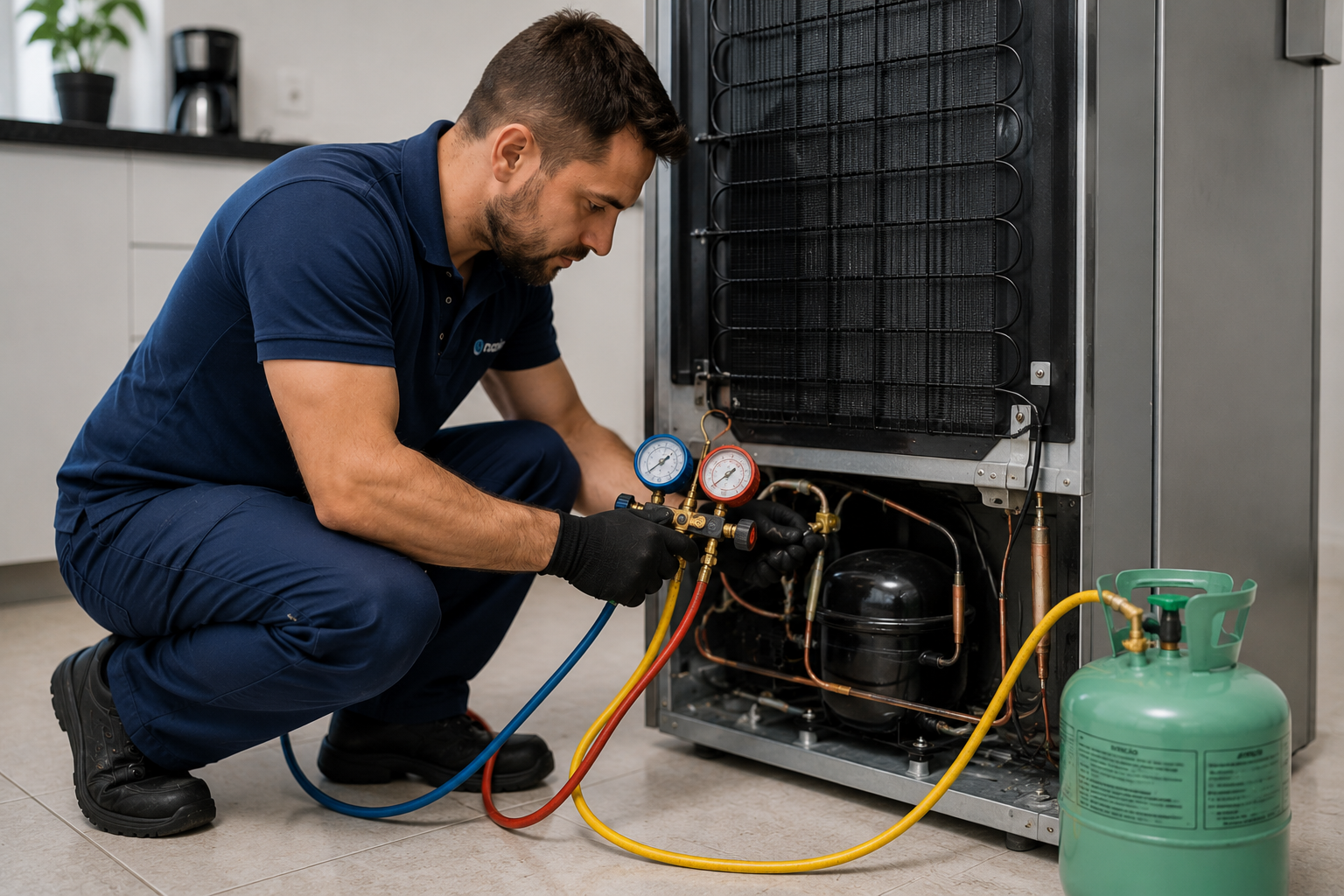 Tecnico fazendo recarga de gas